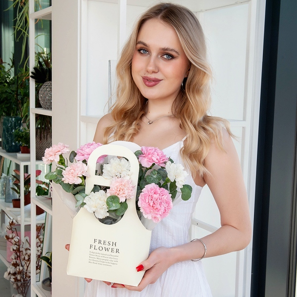 Pink carnation - 4, Carnation white, cream - 7, Flower bag, Oasis, Eucalyptus