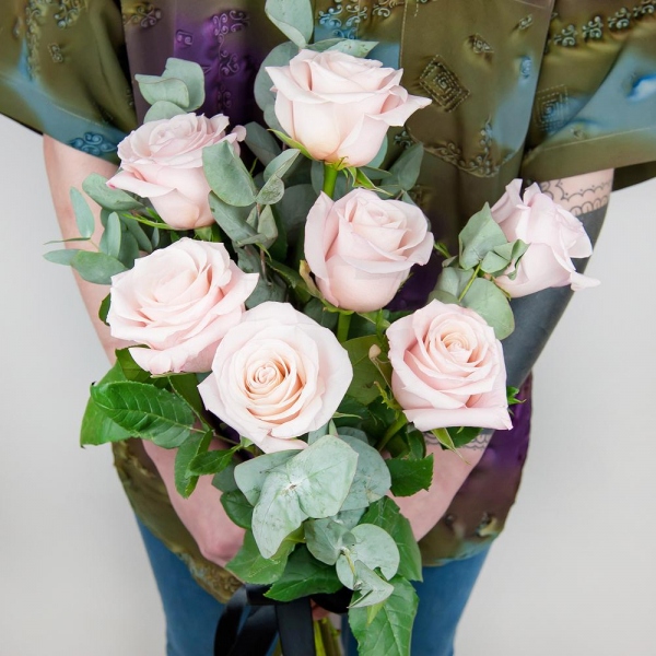 Pink rose 50 cm - 13, Eucalyptus Cinerea, Ribbon