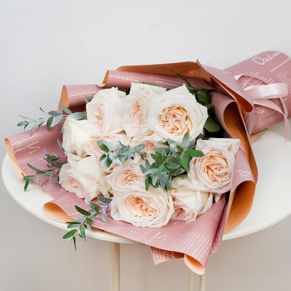 Peony style roses - 19, Eucalyptus populus (1 pc.), Wrapping Paper, Ribbon