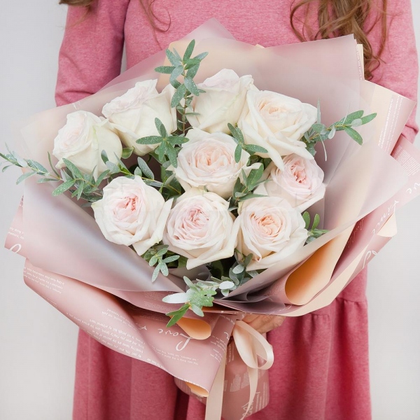 Peony style roses - 17, Eucalyptus parvifolia (1 pc.), Wrapping Paper, Ribbon