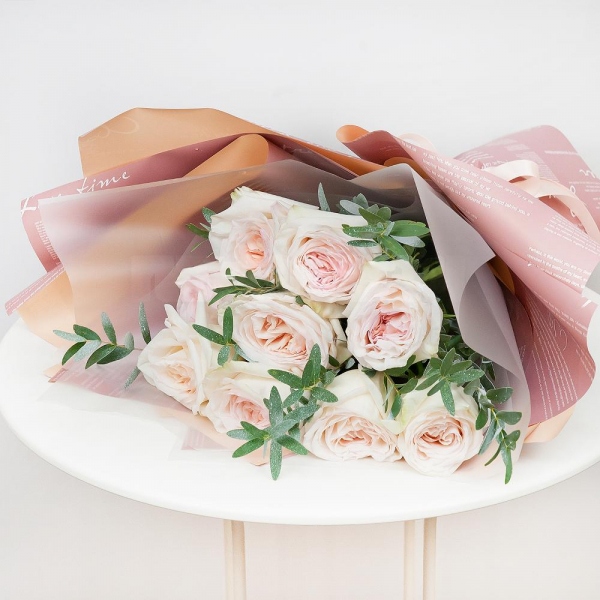Peony style roses - 17, Eucalyptus parvifolia (1 pc.), Wrapping Paper, Ribbon