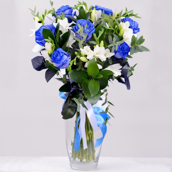 Rose blue - 13, Freesia - 13, Ruscus, Eucalyptus parvifolia (1 pc.), Ribbon, Ribbon