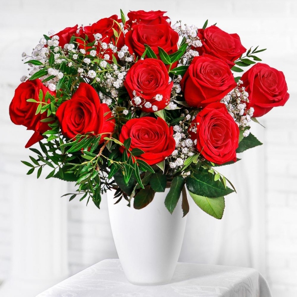 Gypsophila - 2, Red rose 50 cm - 21, Ribbon, Pistachio