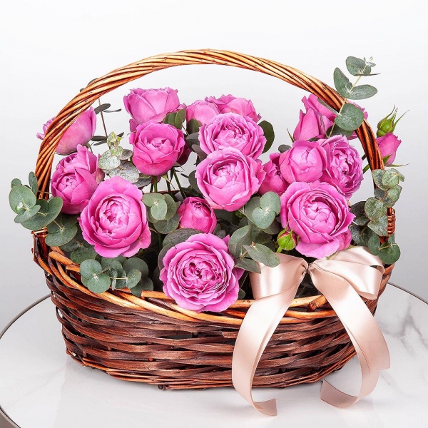 Spray peony rose Misty Bubbles, 50 cm - 11, Medium Basket, Oasis, Eucalyptus, Ribbon