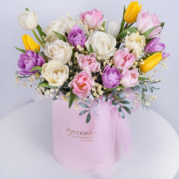 White rose 50 cm - 5, Pink tulip - 5, Gypsophila - 1, Tulip white - 8, Yellow tulip - 3, Lilac tulip - 5, Round flower box small , Oasis, Pistachio, Ribbon