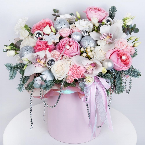 White Cymbidium Orchid Bud - 5, White rose 50 cm - 6, Peony rose pink 'OHara' - 4, Bright pink spray rose mix, 50 cm - 3, Pink carnation - 4, lisianthus - 4, Carnation white, cream - 5, Round flower box medium, Oasis, Spruce branches (1pc.), Eucalyptus Cinerea, Flask for orchids, Hypericum, Christmas decor (set), Wrapping Paper
