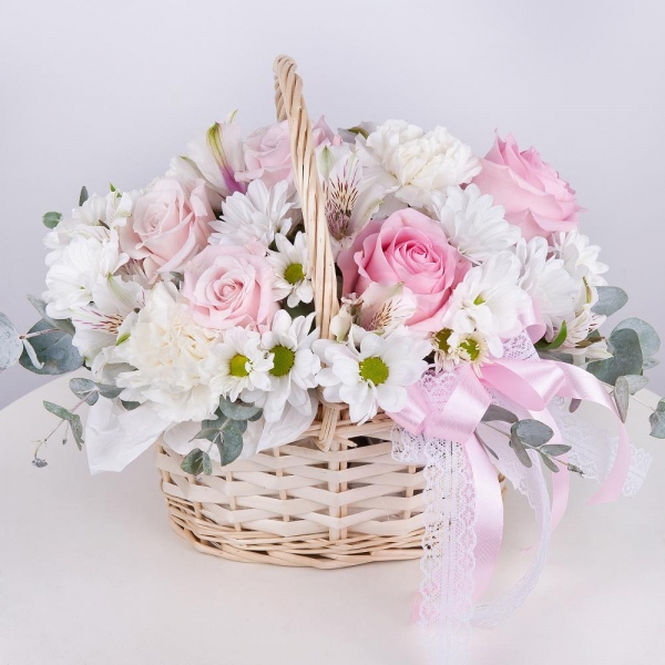 Pink rose 50 cm - 8, Carnation white, cream - 5, Alstromeria white, soft pink - 4, Bacardi White Spray Chrysanthemum - 4, Small Basket, Oasis, Eucalyptus Cinerea, Wrapping Paper