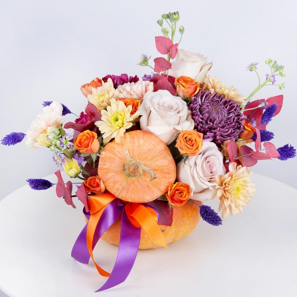 Chrysanthemum Bigoudi purple - 1, Matthiola Lilac - 4, Carnation white, cream - 6, Rose Powder 50 cm Ecuador (Quicksand, Menta) - 4, Spray rose: yellow, orange 50 cm - 2, Baltica Yellow Spray Chrysanthemum - 2, Pumpkin medium (d 20-25 cm), Eucalyptus Cinerea, Dried flowers decor, Ribbon