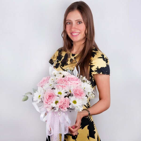 Peony style roses - 3, Pink carnation - 7, Bacardi Yellow Spray Chrysanthemum - 5, Gypsophila - 1, Flower bag, Eucalyptus Cinerea, Oasis, Ribbon