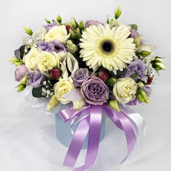 Gerbera white - 1, Spray peony rose Lavander, 50 cm - 2, White anemone - 3, Purple Lisianthus (Eustoma) - 3, Gypsophila - 1, Spray rose: white, cream, light pink 50 cm - 4, Round flower box small , Oasis, Eucalyptus Cinerea, Ribbon, Wrapping Paper