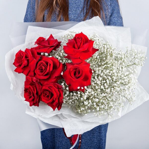 Rose Red 50 cm Ecuador - 9, Gypsophila - 5, Wrapping Paper, Ribbon