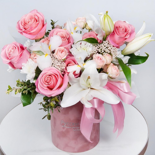 Lilies - 1, White iris - 5, Pink rose 50 cm - 9, Peony sprayrose - 3, Baltica White Spray Chrysanthemum - 1, Round flower box small , Oasis, Ozotamnus, Pistachio, Wrapping Paper