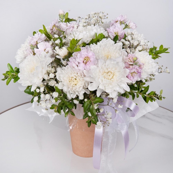 Baltica White Spray Chrysanthemum - 1, Gypsophila - 4, Matthiola Lilac - 2, Cardboard pot (cup), Oasis, Pistachio, Wrapping Paper