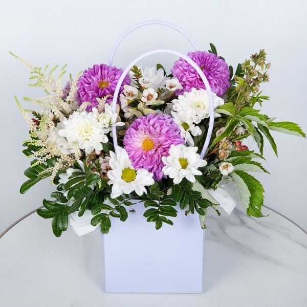 Bacardi White Spray Chrysanthemum - 3, Purple Dahlia - 3, Baltica White Spray Chrysanthemum - 3, Flower bag, Oasis, Astilbe, Pistachio, Waxflower (1 pc.),  Raspberry branch