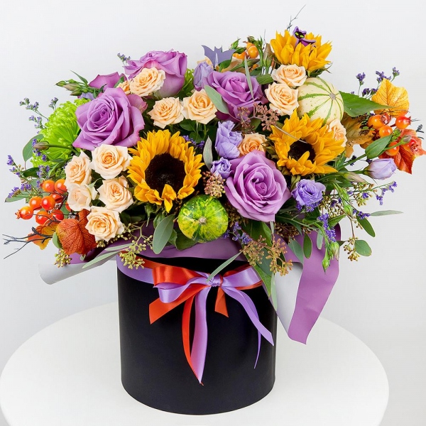 Sunflower - 4, Yellow chrysanthemum  single-headed Anastasia - 3, Deep Purple rose - 6, Spray rose: white, cream, light pink 50 cm - 6, Purple Lisianthus (Eustoma) - 3, Round flower box medium, Oasis, Wrapping Paper, Artificial branch, Limonium (1 pc.), Artificial branch, Decorative element small