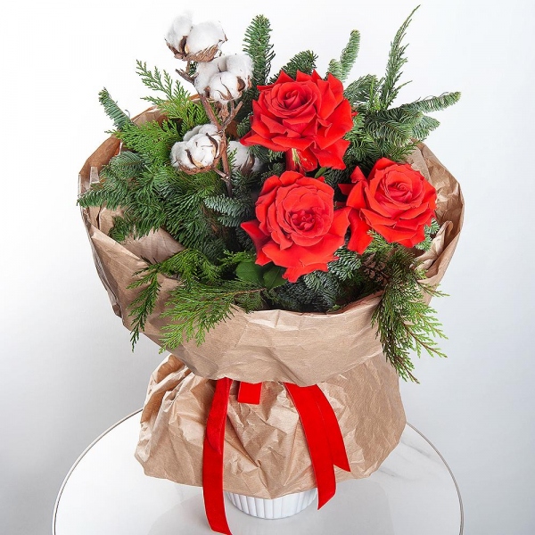 Rose Red 50 cm Ecuador - 5, Spruce branches (1pc.), Thuja, Cotton branch, Wrapping Paper