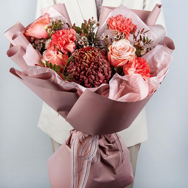 Chrysanthemum Bigoudi purple - 1, Peony rose Kahala 50 cm - 3, Orange carnation - 7, Waxflower (1 pc.), Pistachio, Wrapping Paper