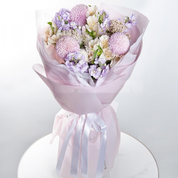 Momoko Chrysanthemum - 3, Baltica White Spray Chrysanthemum - 1, Matthiola Lilac - 3, Alstromeria white, soft pink - 10, Ozotamnus, Wrapping Paper