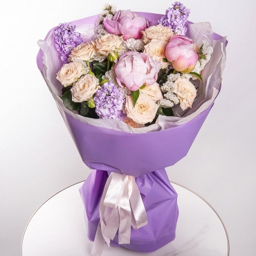 Peony pink - 3, Matthiola Lilac - 3, Baltica White Spray Chrysanthemum - 1, Spray rose 50 cm (multiple small blooms on a stem) - 2, Blue Statice, Wrapping Paper