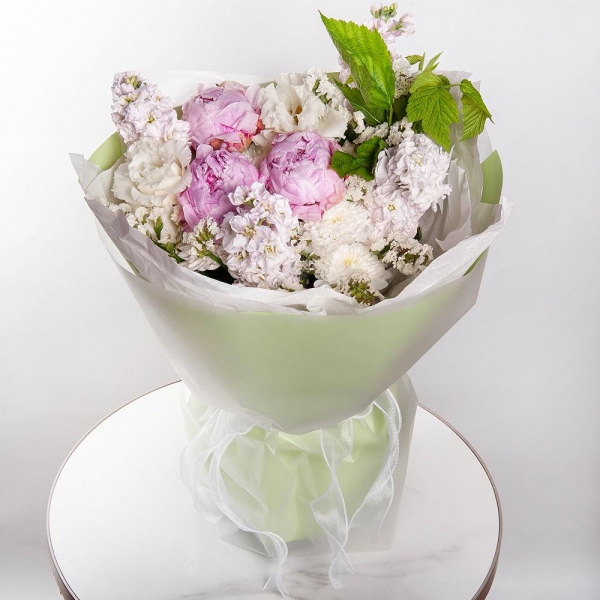 Peony pink - 3, Baltica White Spray Chrysanthemum - 7, Matthiola Lilac - 4, lisianthus - 4, White statice, Wrapping Paper,  Raspberry branch