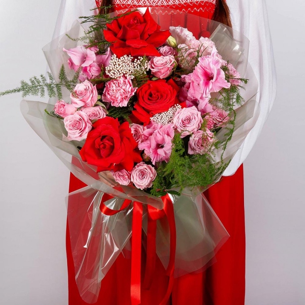 Red rose Nina 50 cm - 7, Spray rose: white, cream, light pink 50 cm - 4, Pink Gladiolus - 3, Pink Lisianthus (Eustoma) - 3, Pink carnation - 7, Ozotamnus, Asparagus setaceus (1 pc.), Wrapping Paper