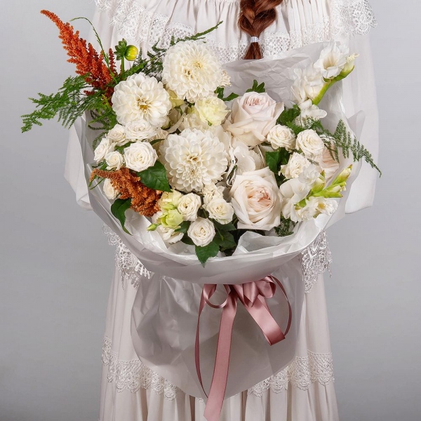White Dahlia - 7, White Gladiolus - 2, Peony style roses - 3, lisianthus - 2,  White Hydrangea - 1, Spray rose: white, cream, light pink 50 cm - 10, Astilbe, Asparagus setaceus (1 pc.), Pistachio, Wrapping Paper