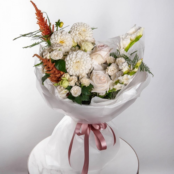 White Dahlia - 7, White Gladiolus - 2, Peony style roses - 3, lisianthus - 2,  White Hydrangea - 1, Spray rose: white, cream, light pink 50 cm - 10, Astilbe, Asparagus setaceus (1 pc.), Pistachio, Wrapping Paper