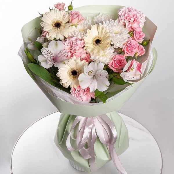 Gerbera white - 5, Pink carnation - 7, Alstromeria white, soft pink - 4, Bright pink spray rose mix, 50 cm - 3, Baltica White Spray Chrysanthemum - 1, Wrapping Paper