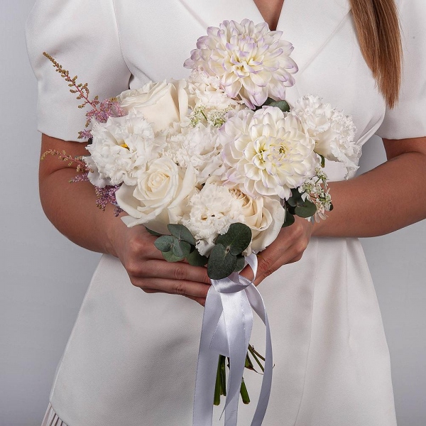 White Dahlia - 2, lisianthus - 3, White rose 50 cm Ecuador - 7, Carnation white, cream - 7, Astilbe, Ozotamnus, Eucalyptus, Ribbon