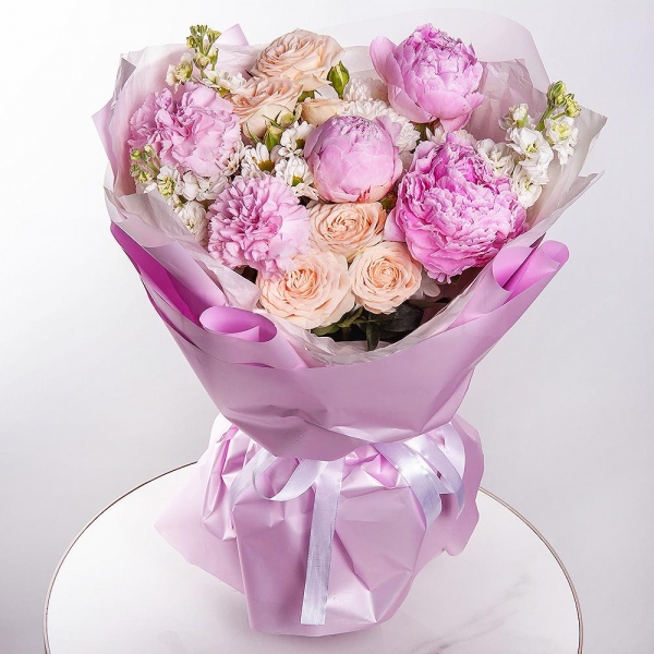 Peony pink - 3, White Matthiola - 3, Pink carnation - 10, Baltica White Spray Chrysanthemum - 1, Spray rose: white, cream, light pink 50 cm - 2, Santini White Spray Chrysanthemum - 1, Wrapping Paper