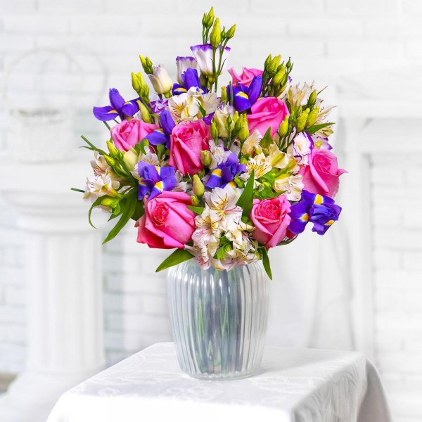 Purple Lisianthus (Eustoma) - 6, Alstromeria white, soft pink - 6, Pink rose 50 cm - 9, Irises - 10, Ribbon, Felt