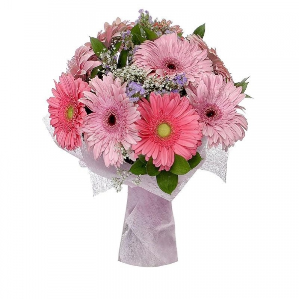 Gerbera pink - 13, Gypsophila - 2, Ruscus, Blue Statice, Felt, Ribbon