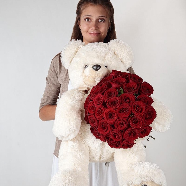 Red rose 50 cm - 47, Teddy bear 90 cm, Felt, Ribbon