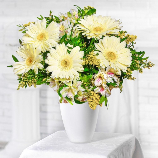 Gerbera white - 7, Alstromeria white, soft pink - 7, Solidago (1 pc.), Pistachio, Sisal, Ribbon