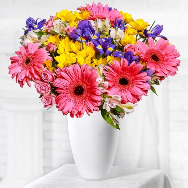 Bright pink spray rose mix, 50 cm - 7, Gerbera pink - 7, Bacardi Yellow Spray Chrysanthemum - 5, Irises - 10, Alstromeria white, soft pink - 6, Sisal, Ribbon