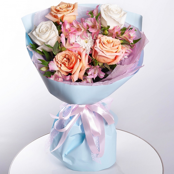 Pink-orange rose Phoenix 50 cm - 3, White rose 50 cm Ecuador - 2, Baltica White Spray Chrysanthemum - 1, Alstromeria white, soft pink - 3, Wrapping Paper