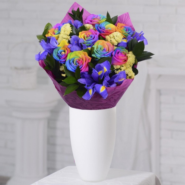 Rainbow rose - 13, Irises - 8, Ruscus, Yellow Statice, Wrapping Paper