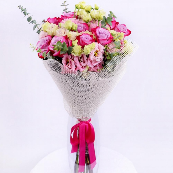 Deep Purple rose - 12, Pink Lisianthus (Eustoma) - 7, Eucalyptus baby blue (1 pc.), Jute 1 meter, Ribbon