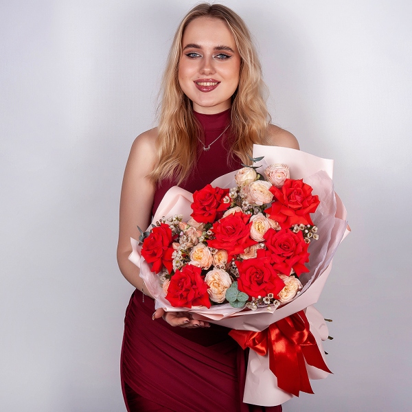 Red rose Nina 50 cm - 11, Spray rose: white, cream, light pink 50 cm - 9, Waxflower (1 pc.), Wrapping Paper, Eucalyptus