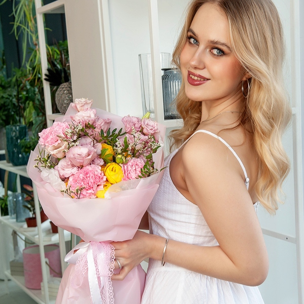 Pink Lisianthus (Eustoma) - 3, Pink carnation - 5, Spray rose: yellow, orange 50 cm - 3, Pistachio, Limonium (1 pc.), Wrapping Paper