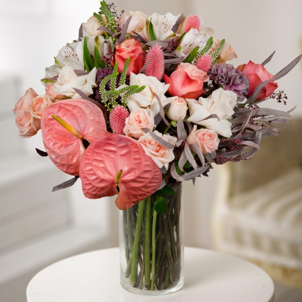 Spray rose: white, cream, light pink 50 cm - 7, Alstromeria white, soft pink - 3, Lilac carnation - 3, Pink cut anthurium - 2, White rose 50 cm - 4, Peony rose Kahala 50 cm - 5, Veronica spray, Eucalyptus populus (1 pc.), Dried flowers decor, Wrapping Paper