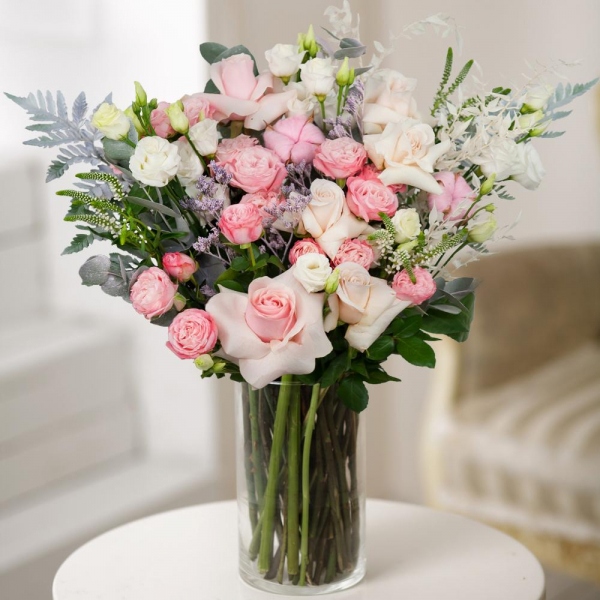 Bright pink spray rose mix, 50 cm - 7, White rose 50 cm - 6, Pink rose 50 cm - 3, lisianthus - 3, Eucalyptus Cinerea, Limonium (1 pc.), Veronica spray, Dried flowers decor, Fern (1 pc.), Cotton bud, Wrapping Paper