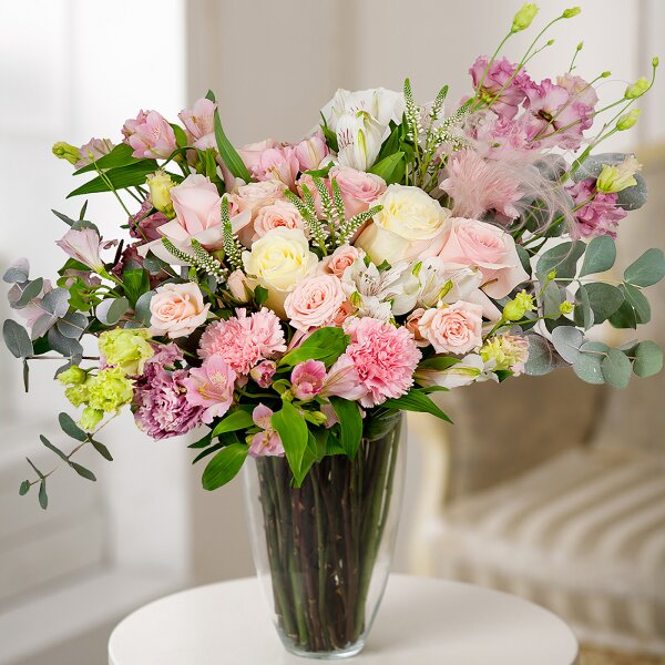 Bright pink spray rose mix, 50 cm - 6, Alstromeria white, soft pink - 8, Lilac carnation - 2, Pink Lisianthus (Eustoma) - 7, White rose 50 cm - 5, Pink rose 50 cm - 5, Pink carnation - 2, Veronica spray, Dried flowers in assortment, Wrapping Paper, Eucalyptus Cinerea