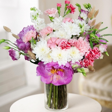 Matthiola Lilac - 1, Baltica White Spray Chrysanthemum - 2, lisianthus - 3, Peonies - 3, Carnation spray - 3, Carnations - 4, Veronica spray, Cotton bud, Dried flowers decor, Wrapping Paper, Ribbon