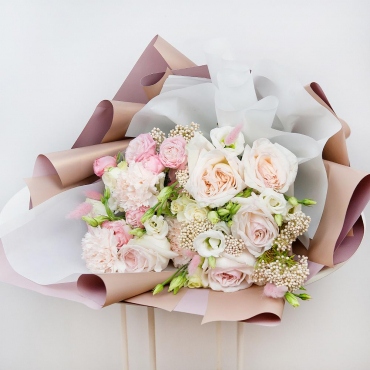 Peony style roses - 5, Spray rose 50 cm (multiple small blooms on a stem) - 4, Carnations - 3, lisianthus - 3, Ozotamnus, Dried flowers decor, Ribbon, Wrapping Paper