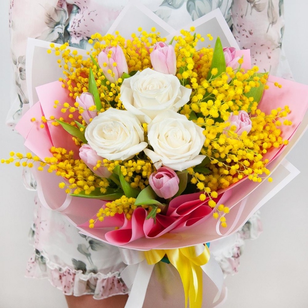 White rose 50 cm - 3, Pink tulip - 10, Mimosa - 3, Wrapping Paper, Ribbon