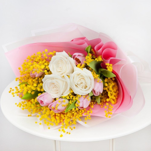 White rose 50 cm - 3, Pink tulip - 10, Mimosa - 3, Wrapping Paper, Ribbon