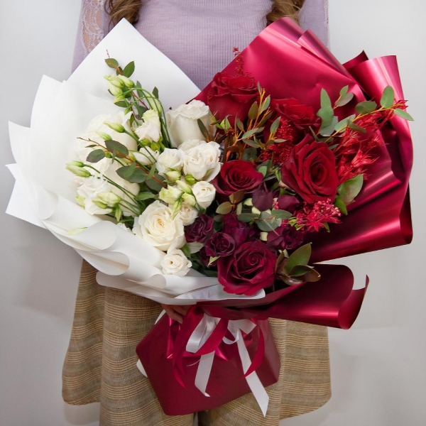 White rose 50 cm - 6, Red rose 50 cm - 6, lisianthus - 3, Spray rose: red 50 cm - 2, Spray rose: white, cream, light pink 50 cm - 4, Solidago (1 pc.), Ruscus, Dried flowers decor, Wrapping Paper, Eucalyptus parvifolia (1 pc.)