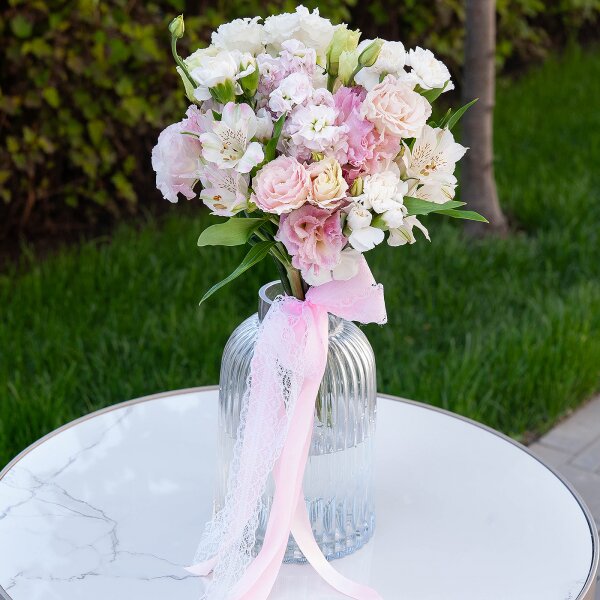 lisianthus - 3, Pink Lisianthus (Eustoma) - 2, Alstromeria white, soft pink - 5, Pink Matthiola - 2, Pink spray carnation - 4, Ribbon