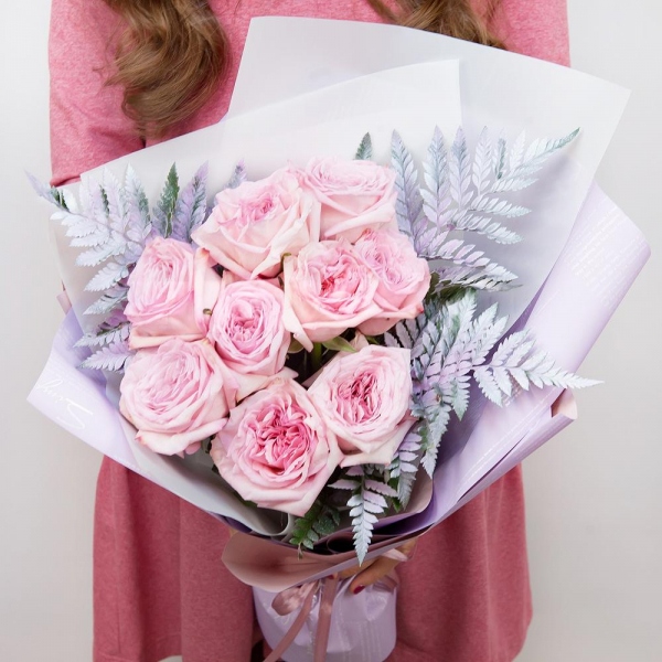 Peony style roses - 13, Fern (1 pc.), Wrapping Paper, Ribbon